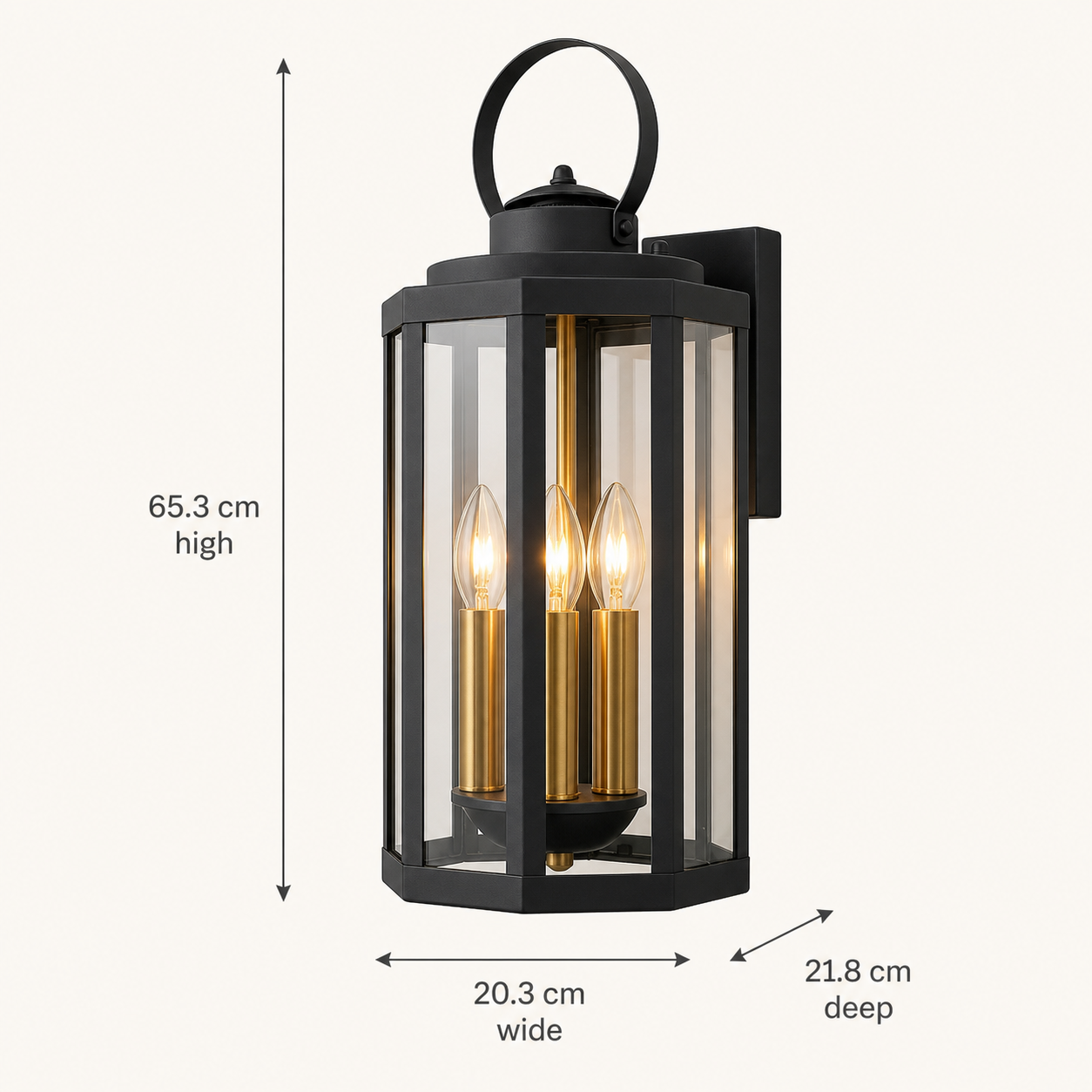 Islington black outdoor lantern dimensions: 65.3 cm high, 20.3 cm wide and 21.8 cm deep