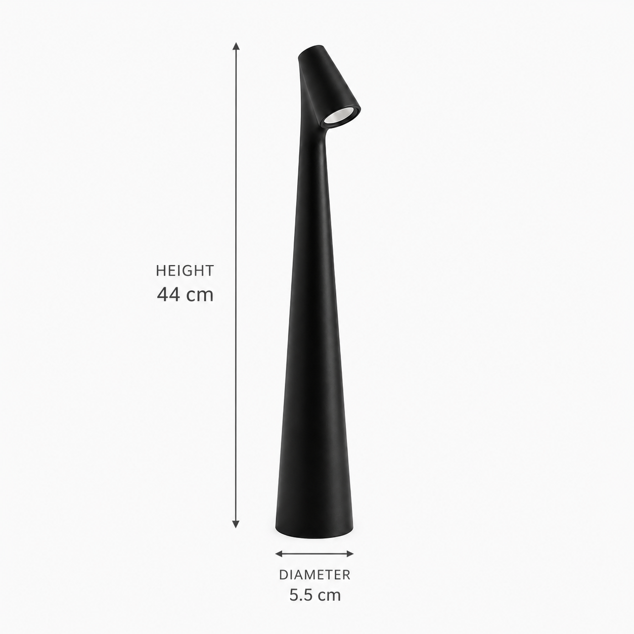 Leighton cordless table lamp dimensions: 44 cm high and 5.5 cm diameter