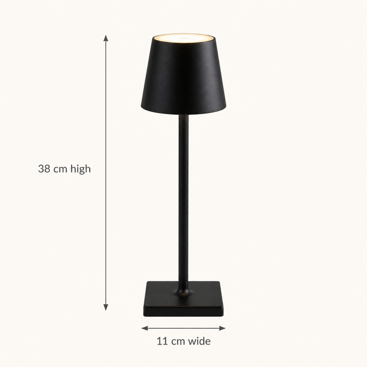 Black Lynton cordless table lamp dimensions: 38 cm high and 11 cm wide