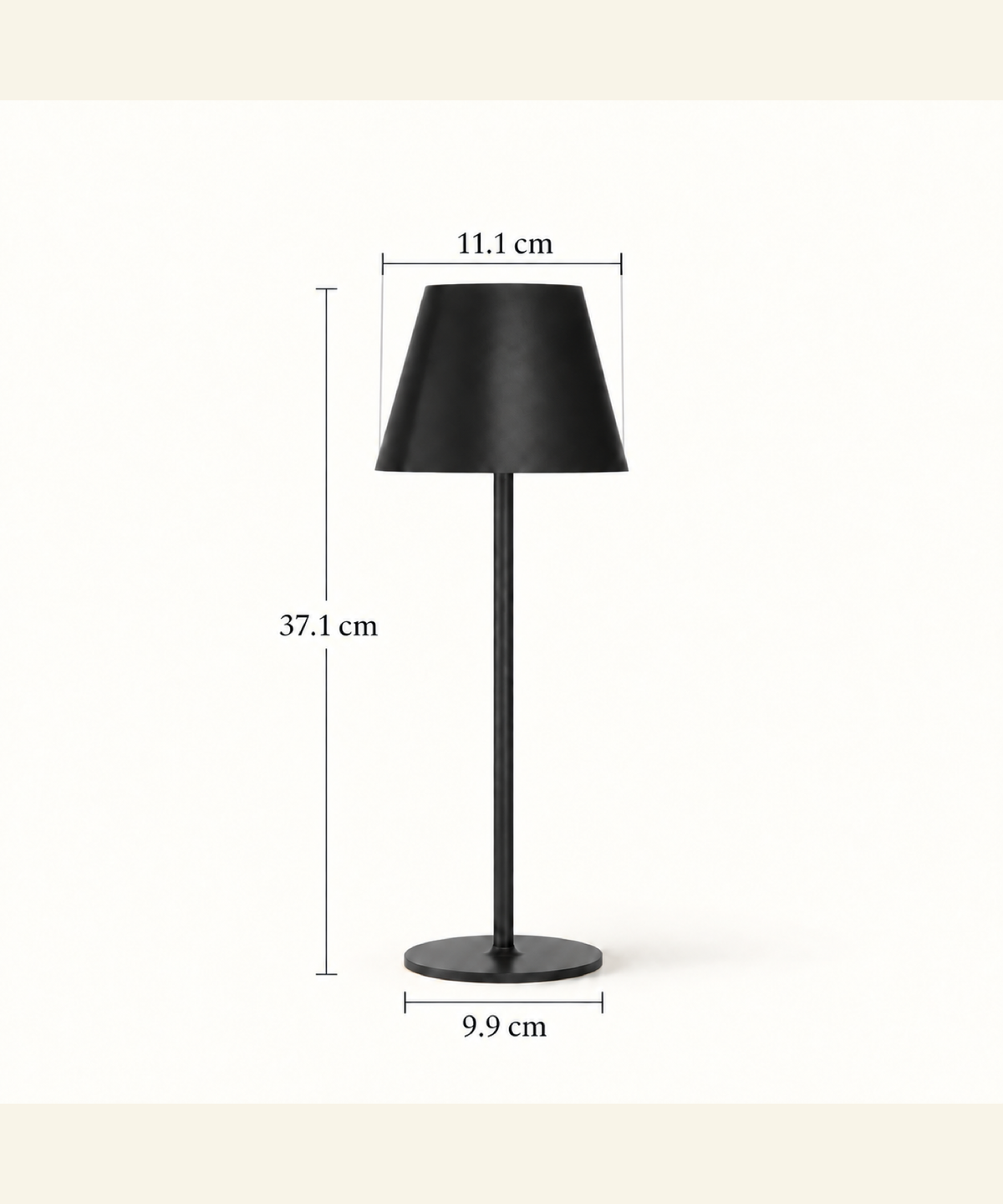 Marston cordless table lamp dimensions: 37.1 cm height, 11.1 cm shade diameter and 9.9 cm round base diameter.
