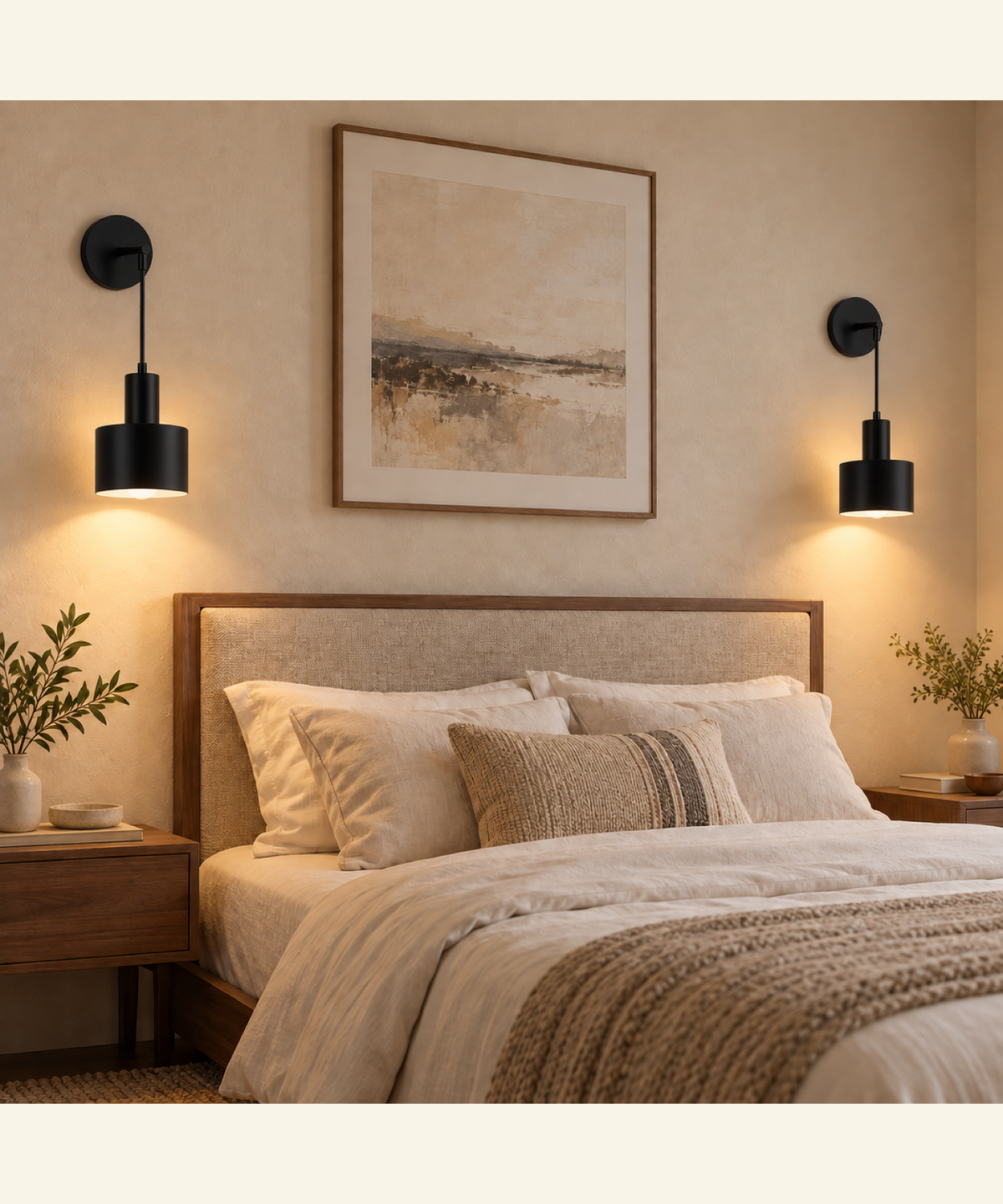 Pair of Mayfair wall lights in the Black finish, with matching black backplates, fittings and drum shades beside an upholstered bed.