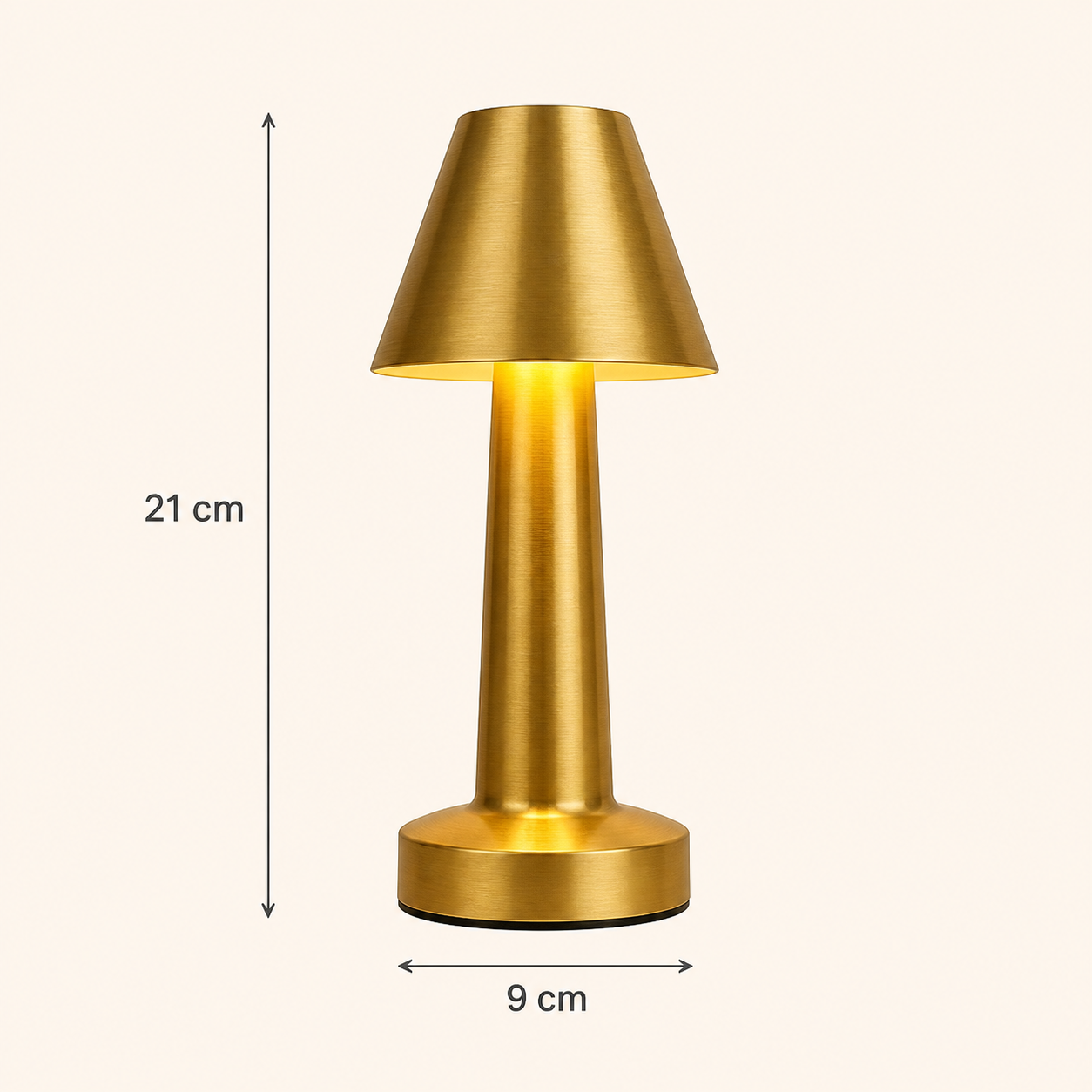 Gold Mila cordless table lamp dimensions: 21 cm high and 9 cm wide
