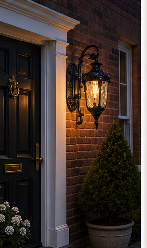 Black Notting glass lantern glowing beside a UK front door at dusk