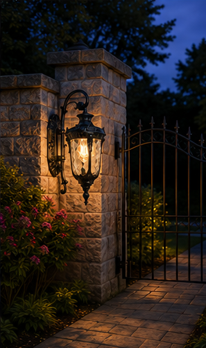Black Notting glass lantern on a garden wall by a gate at blue hour