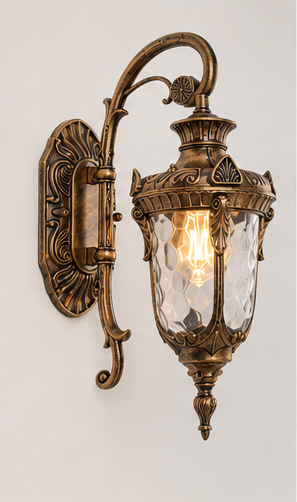 Notting Large glass lantern outdoor wall light in bronze with hammered glass, lit