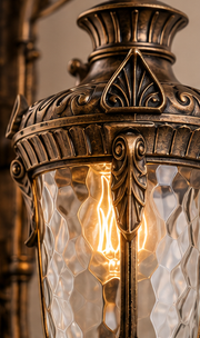 Close-up of the bronze Notting lantern hammered glass and ornate scrollwork