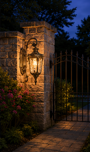 Bronze Notting glass lantern lighting a garden side path at twilight