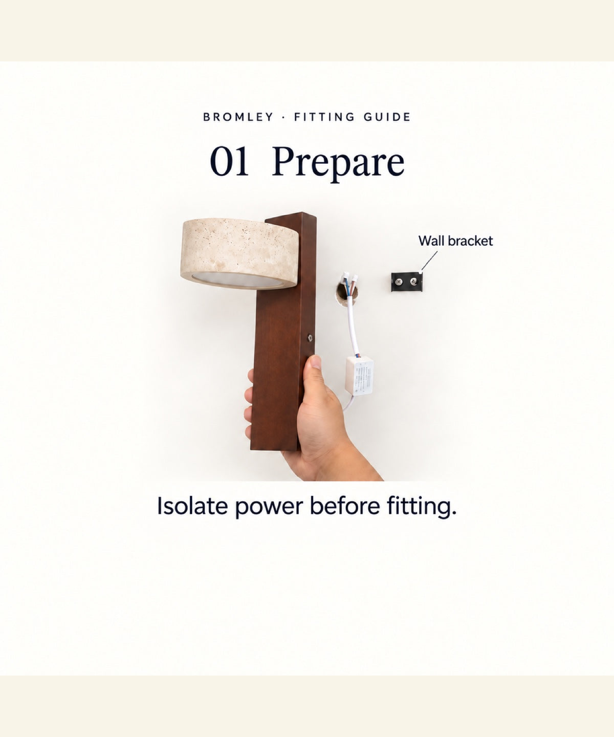 Bromley fitting guide, step 1: isolate power before fitting; wall bracket shown.