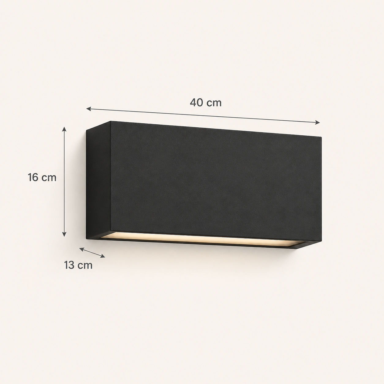 Oslo Long outdoor wall light dimensions: 40 cm wide, 16 cm high and 13 cm projection