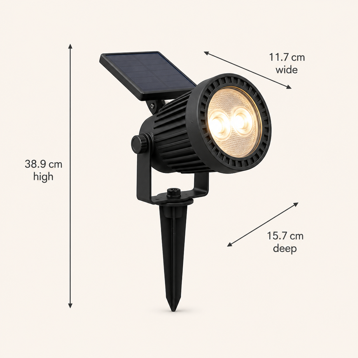 Oxford solar two-LED outdoor light dimensions: 38.9 cm high, 11.7 cm wide and 15.7 cm deep