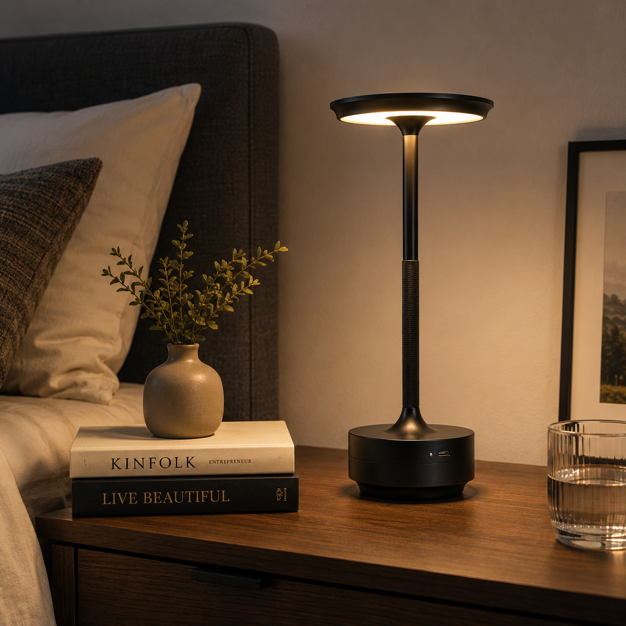Black Pembroke cordless table lamp glowing on a bedside table in a UK bedroom