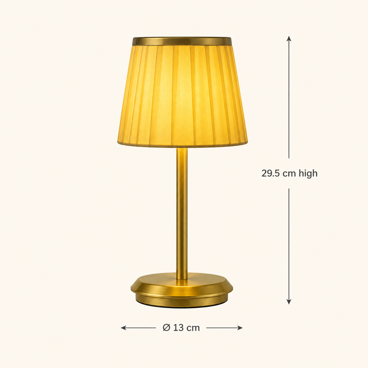 Pimlico fabric cordless table lamp dimensions: 29.5 cm high and 13 cm diameter