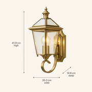 Portobello brass outdoor lantern dimensions: 41.9 cm high, 20.3 cm wide and 14.6 cm deep