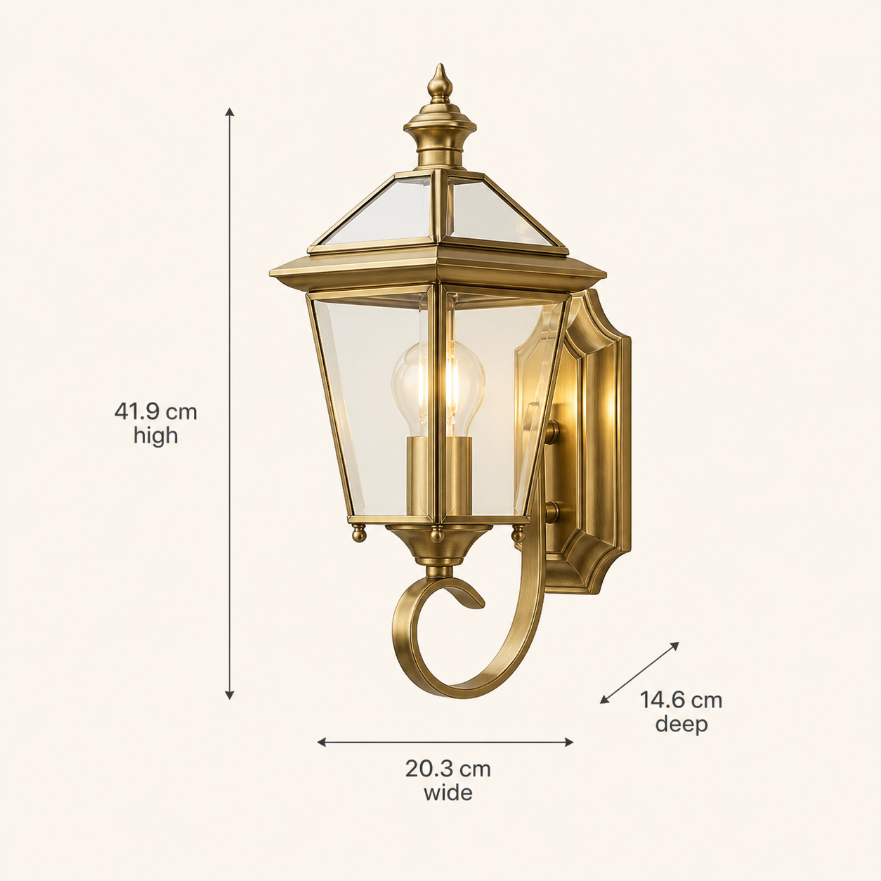 Portobello brass outdoor lantern dimensions: 41.9 cm high, 20.3 cm wide and 14.6 cm deep