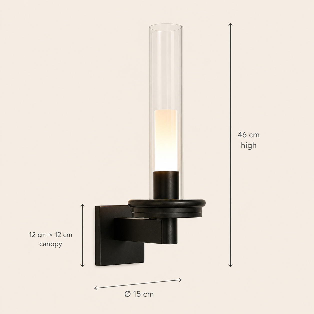 Primrose battery wall light dimensions: 46 cm high, 15 cm diameter and 12 cm square canopy