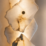 Close-up of the Radley layered translucent stone slabs, natural edges and veining