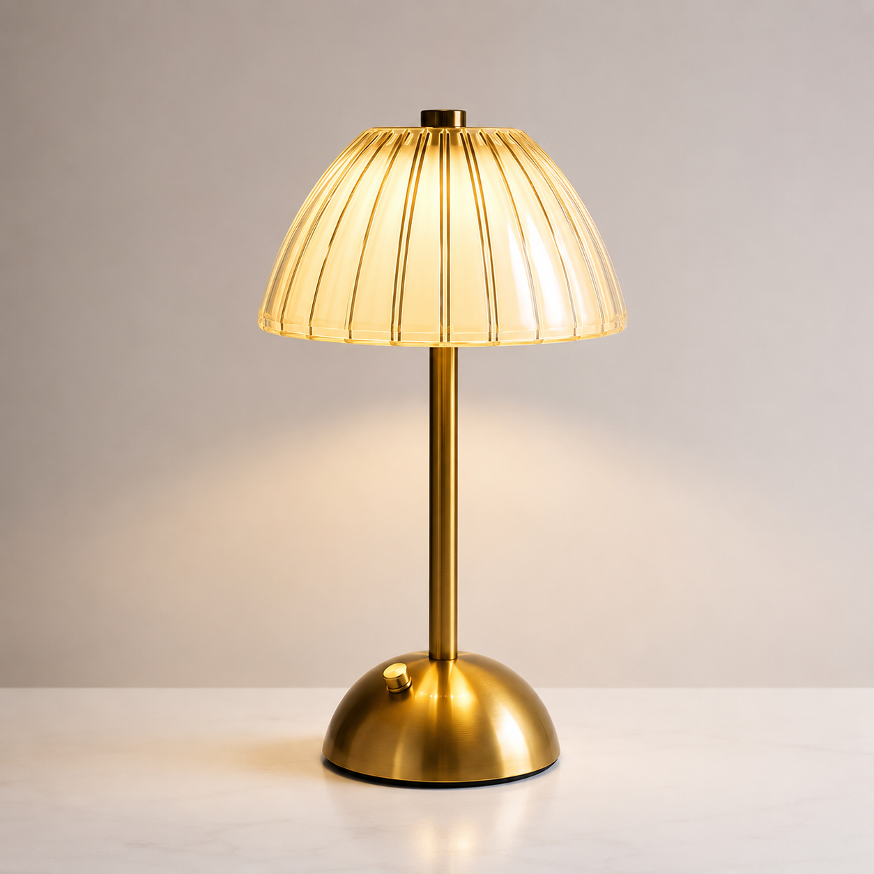 Rafferty acrylic cordless table lamp with ribbed shade and brass base, lit on a white surface