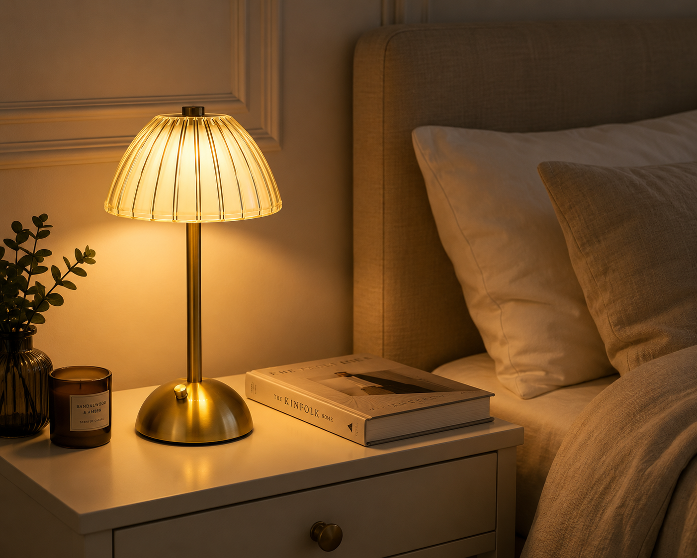 Rafferty cordless table lamp glowing on a bedside table in a calm UK bedroom