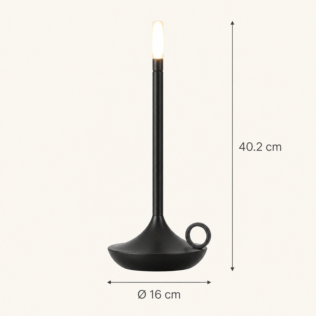 Black Rowan cordless table lamp dimensions: 40.2 cm high and 16 cm diameter