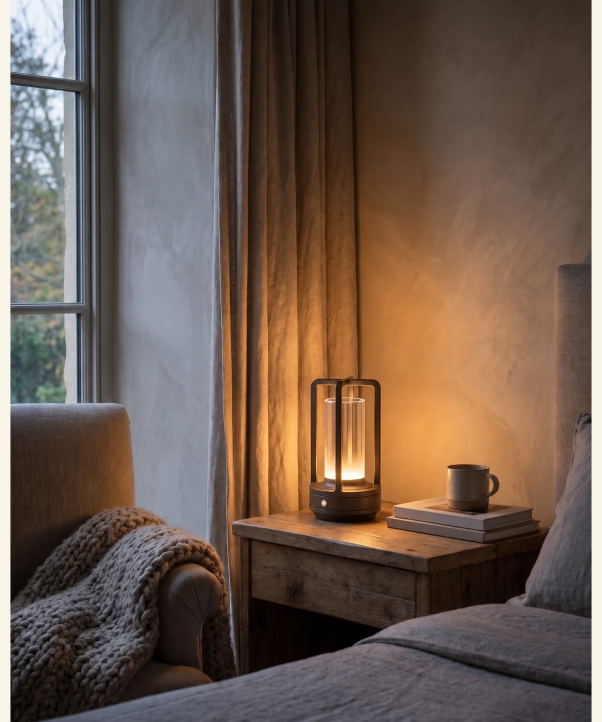 Black metal cordless table lamp glowing on a bedside table