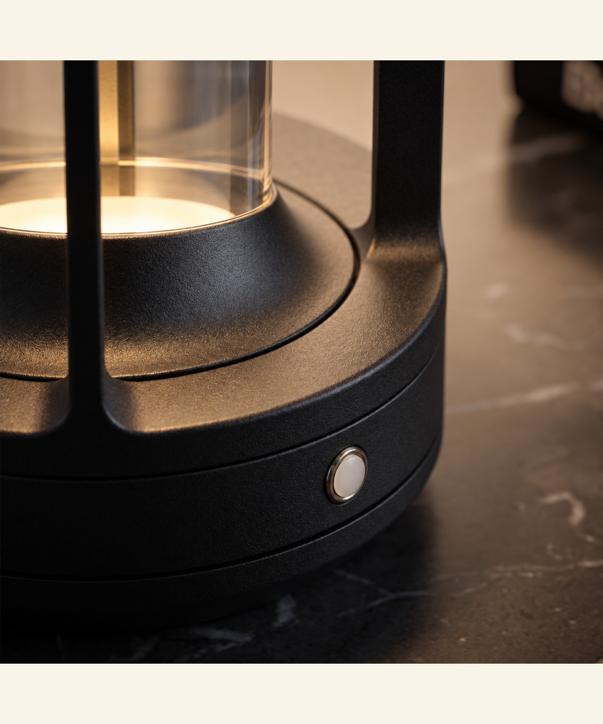 Close-up of the black metal cordless table lamp finish and texture