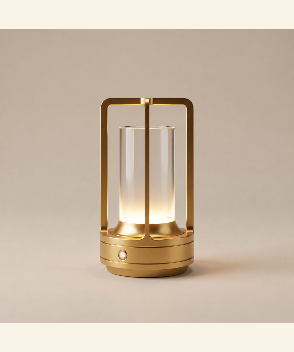 Gold cordless table lamp switched on with a soft warm glow