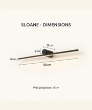 Sloane wall light dimensions: 60 cm length, 11 cm wall projection, 12 × 6 cm mounting body and 1.6 cm light-bar profile.