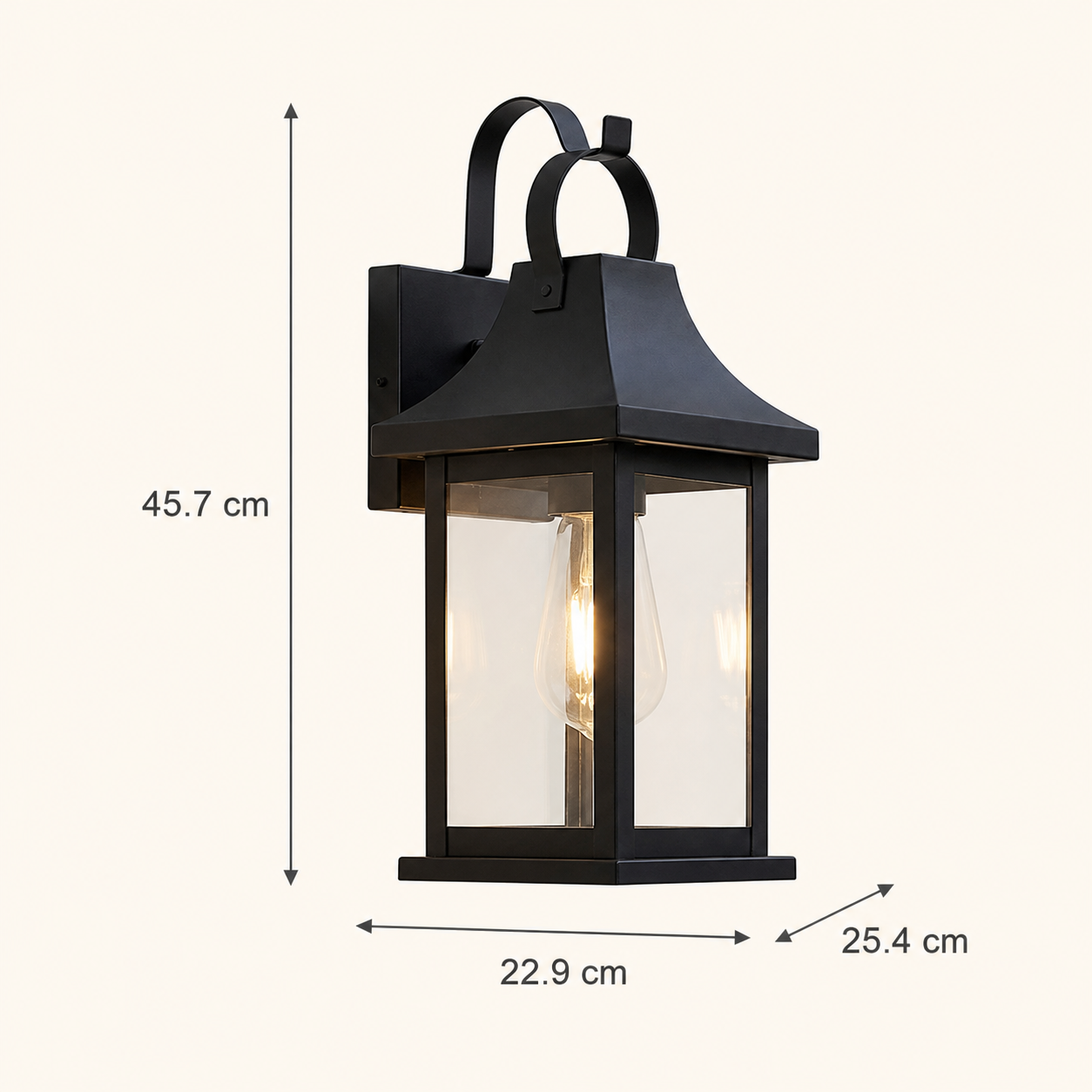 Soho black outdoor wall lantern dimensions: 45.7 cm high, 22.9 cm wide and 25.4 cm deep