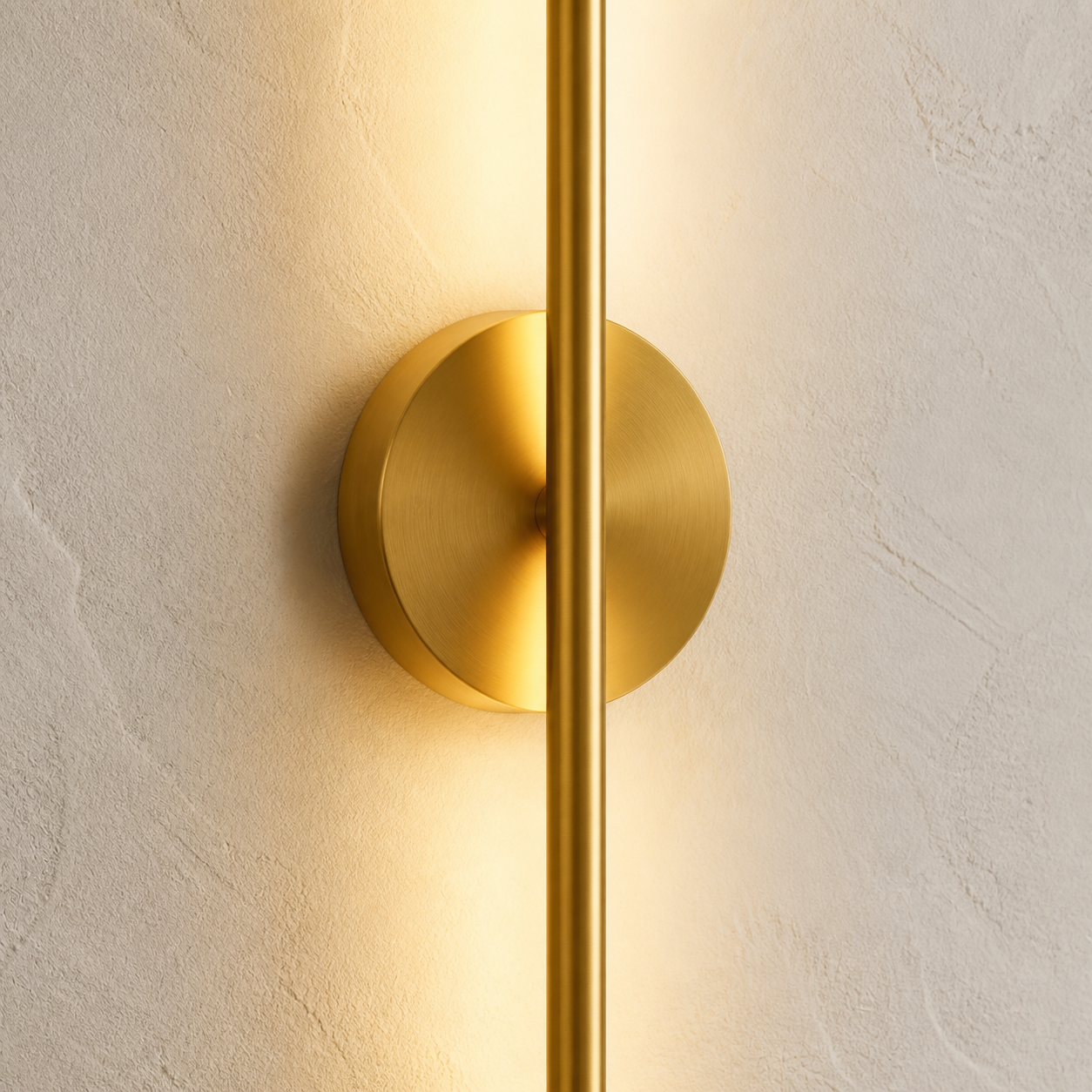 Close-up of the Stamford gold wall light's slim vertical bar, round wall plate and brushed finish