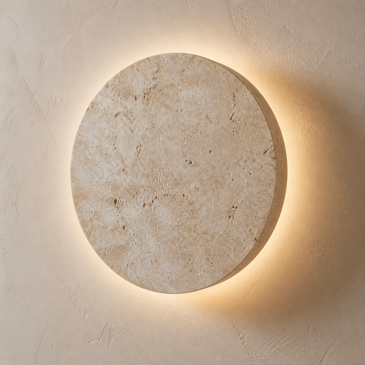 Close-up of the Whitby round porous travertine face and warm halo light