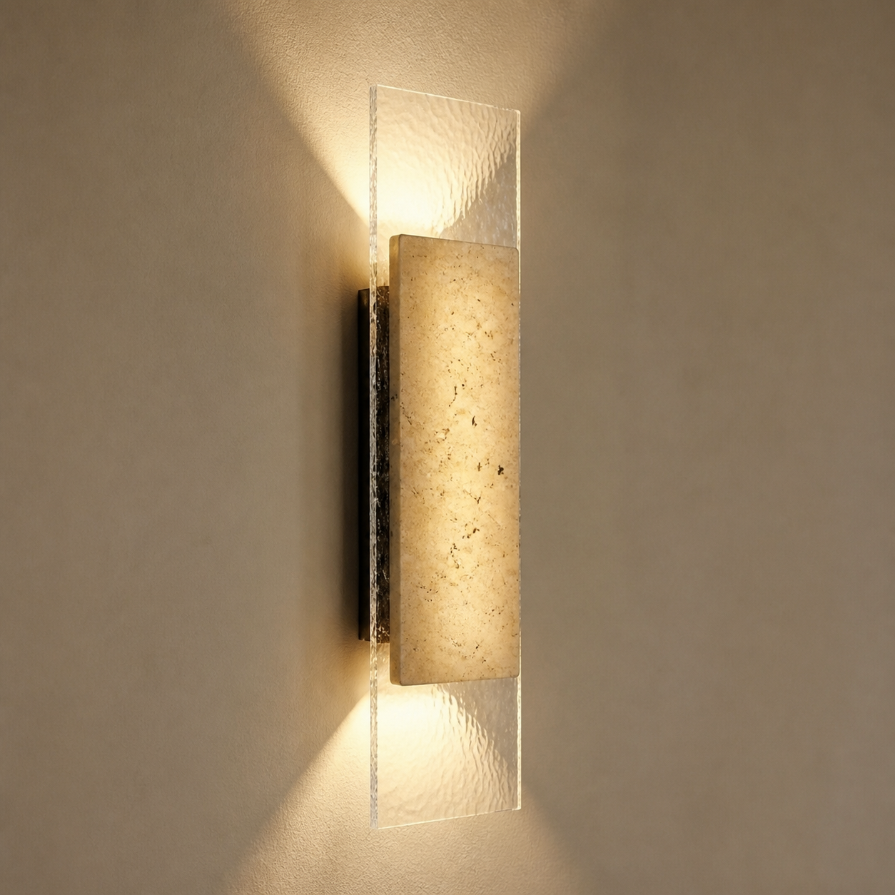 Close-up of the Winchester travertine centre slab, clear textured glass panel and up-and-down glow
