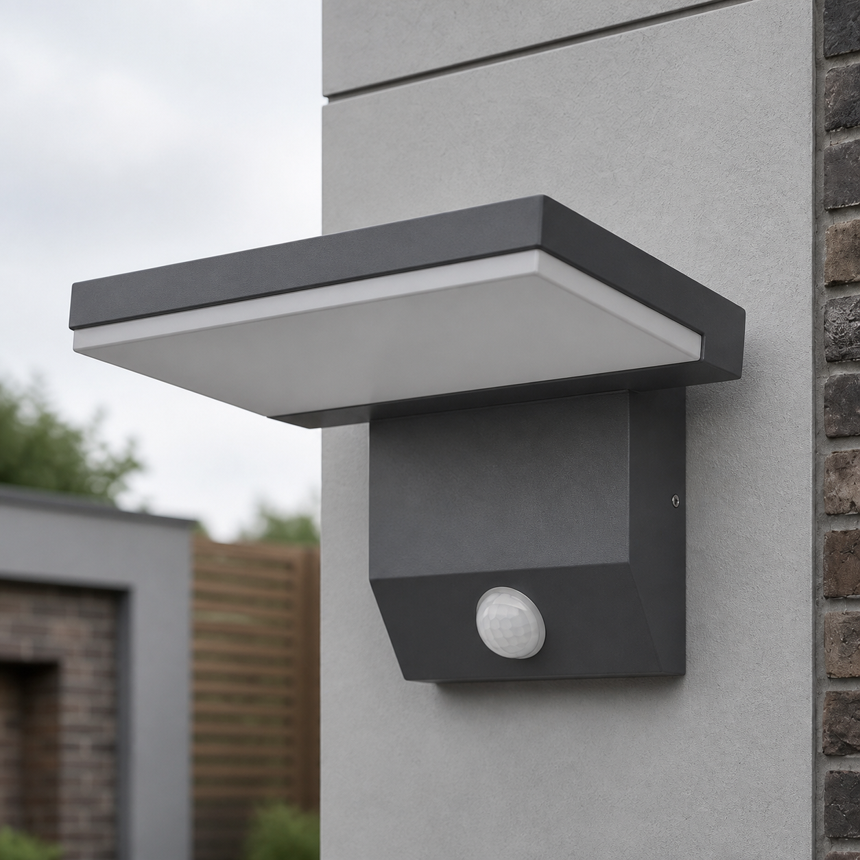 Close-up of the Windsor anthracite solar wall light canopy, white diffuser and round PIR sensor