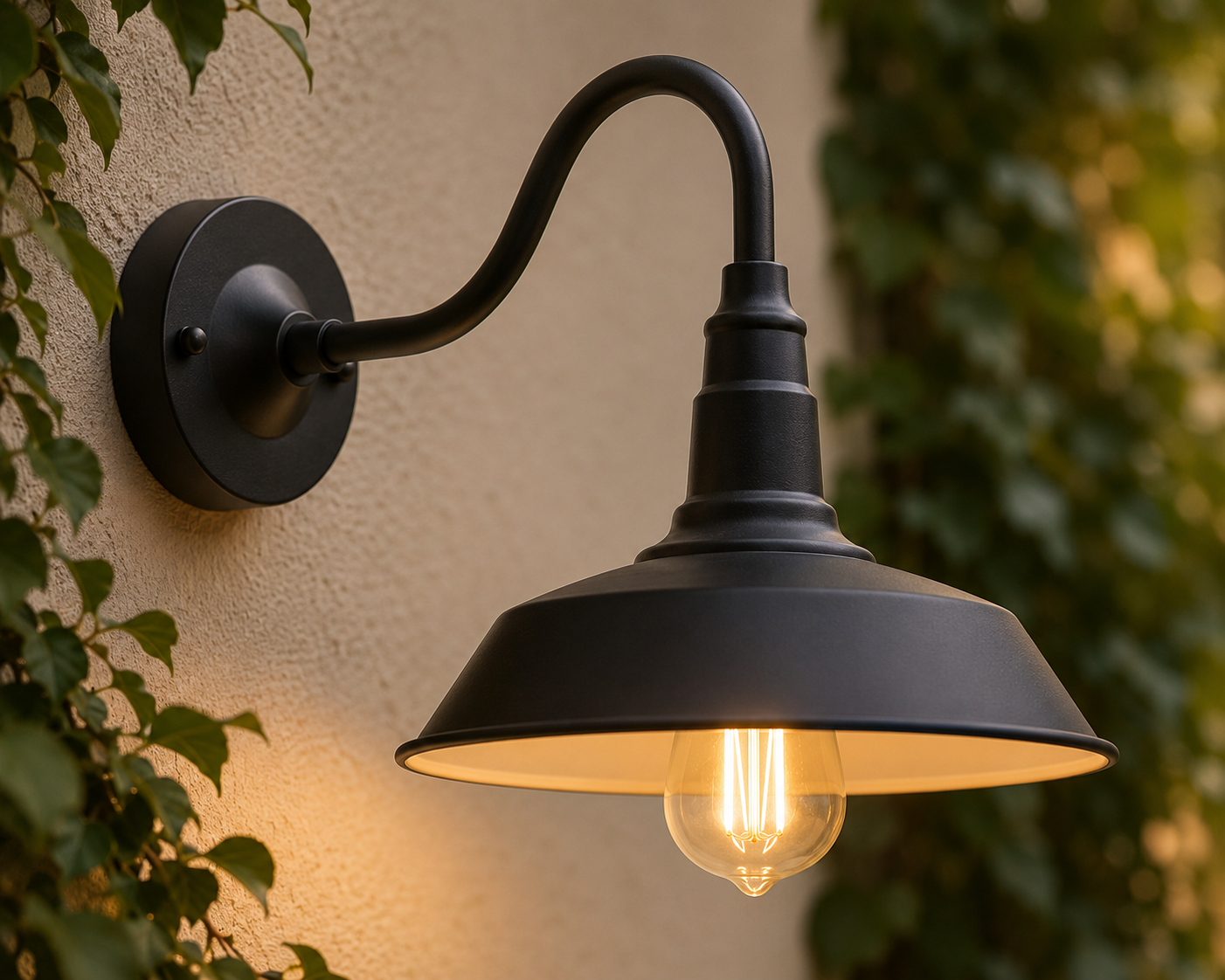 Close-up of the black Wren gooseneck arm and barn shade with warm filament bulb