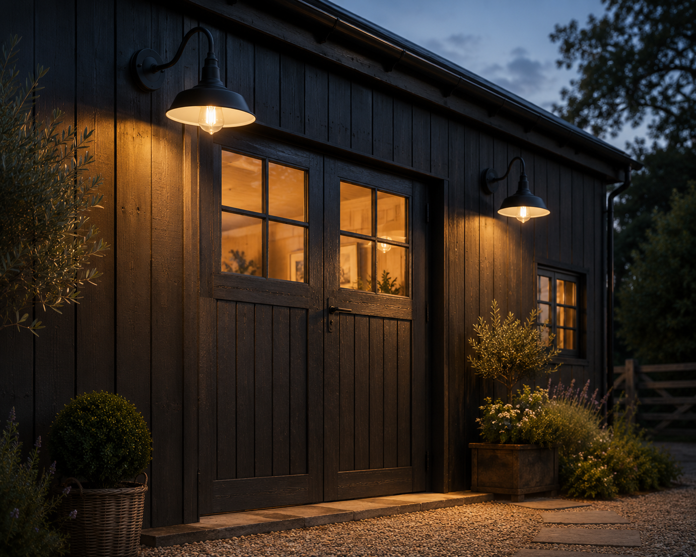 Black Wren gooseneck light on a barn-style garden studio wall at twilight