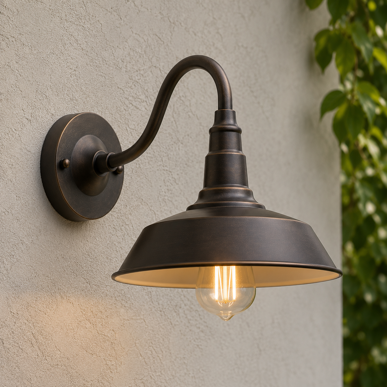 Wren gooseneck outdoor wall light in bronze gold with barn-style shade, lit on a rendered wall