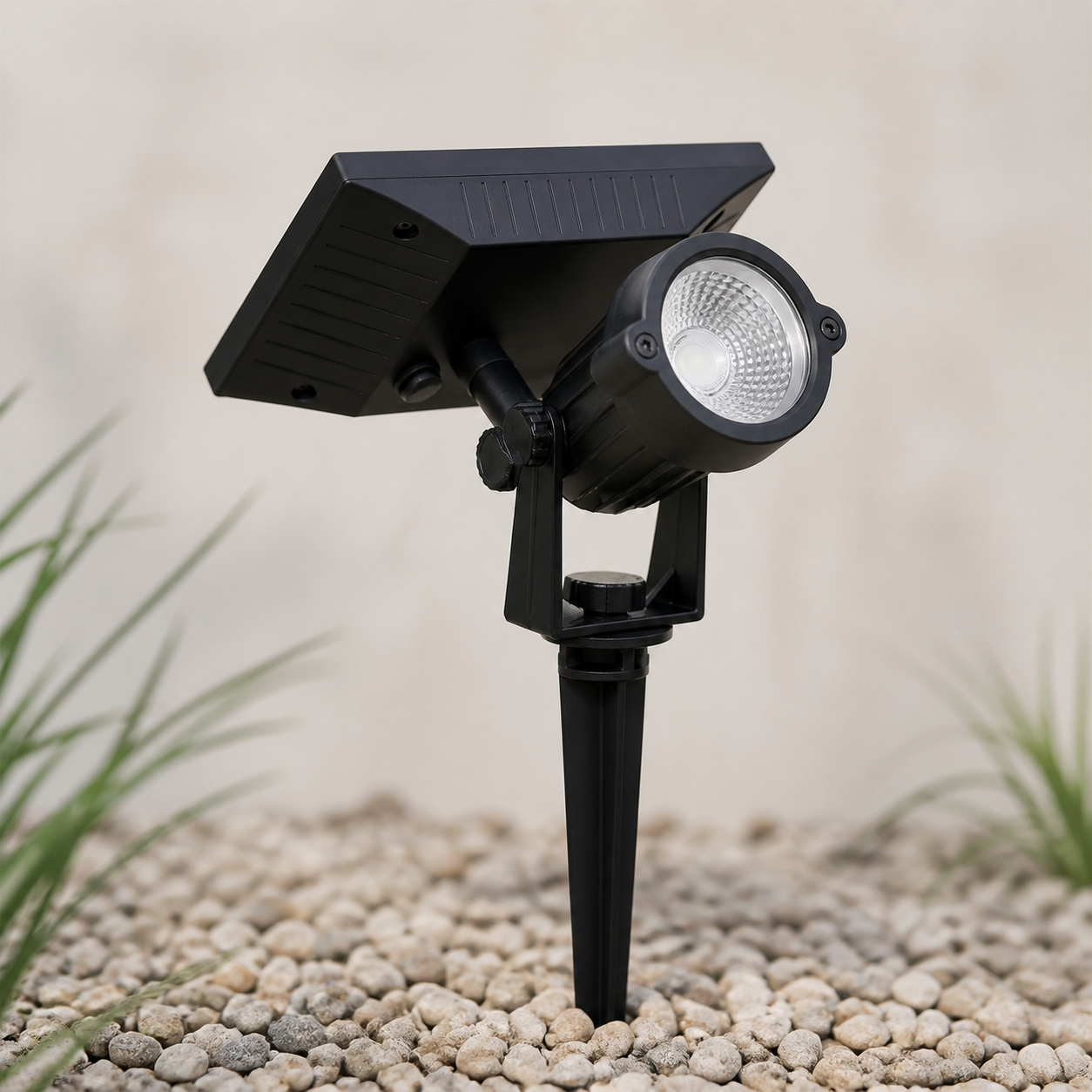 Close-up of the York black solar garden spotlight, separate panel, pivot head and ground spike